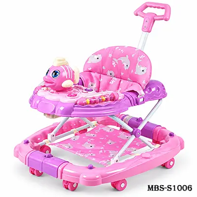 Baolebao 6220SYT Baby Walker – Multifunctional Anti-Rollover Baby Walker with Push Rod, Foot Pad & Push Handle, Comfortable Infant Walking Training Walker – Pink