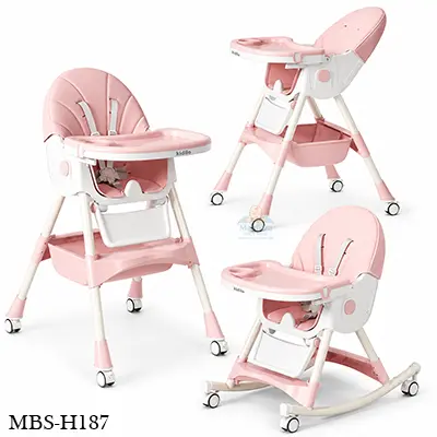 8131 Foldable 6-Position High Chair – Removable & Adjustable Double Meal Tray (Pink)