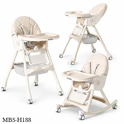 8131 Foldable 6-Position High Chair – Removable & Adjustable Double Meal Tray (Off White)