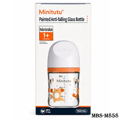 Minitutu Painted Anti-Falling Glass Baby Feeding Bottle 160ml | BPA Free | Medium Borosilicate Glass | For Babies 1+ Months
