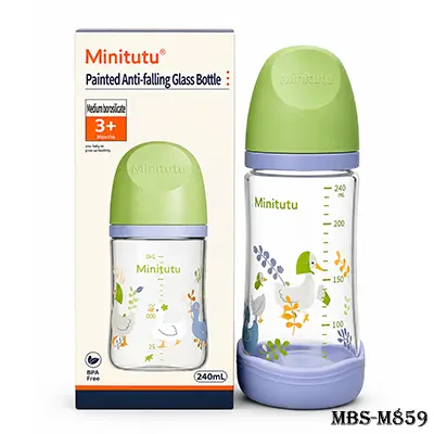 Minitutu Painted Anti-Falling Glass Baby Feeding Bottle 240ml | BPA Free | Medium Borosilicate Glass | For Babies 3+ Months