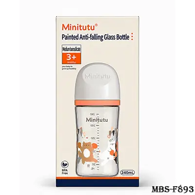 Minitutu 240mL Borosilicate Glass Baby Feeding Bottle – Anti-Falling, BPA Free, 3+ Months